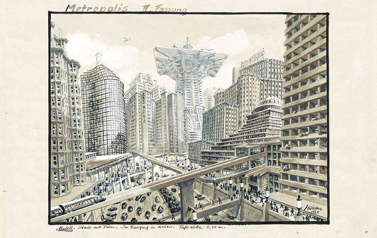 Metropolis, D 1927, Regie: Fritz Lang. Szenenbildentwurf der „Stadt mit Turm“: Erich Kettelhut